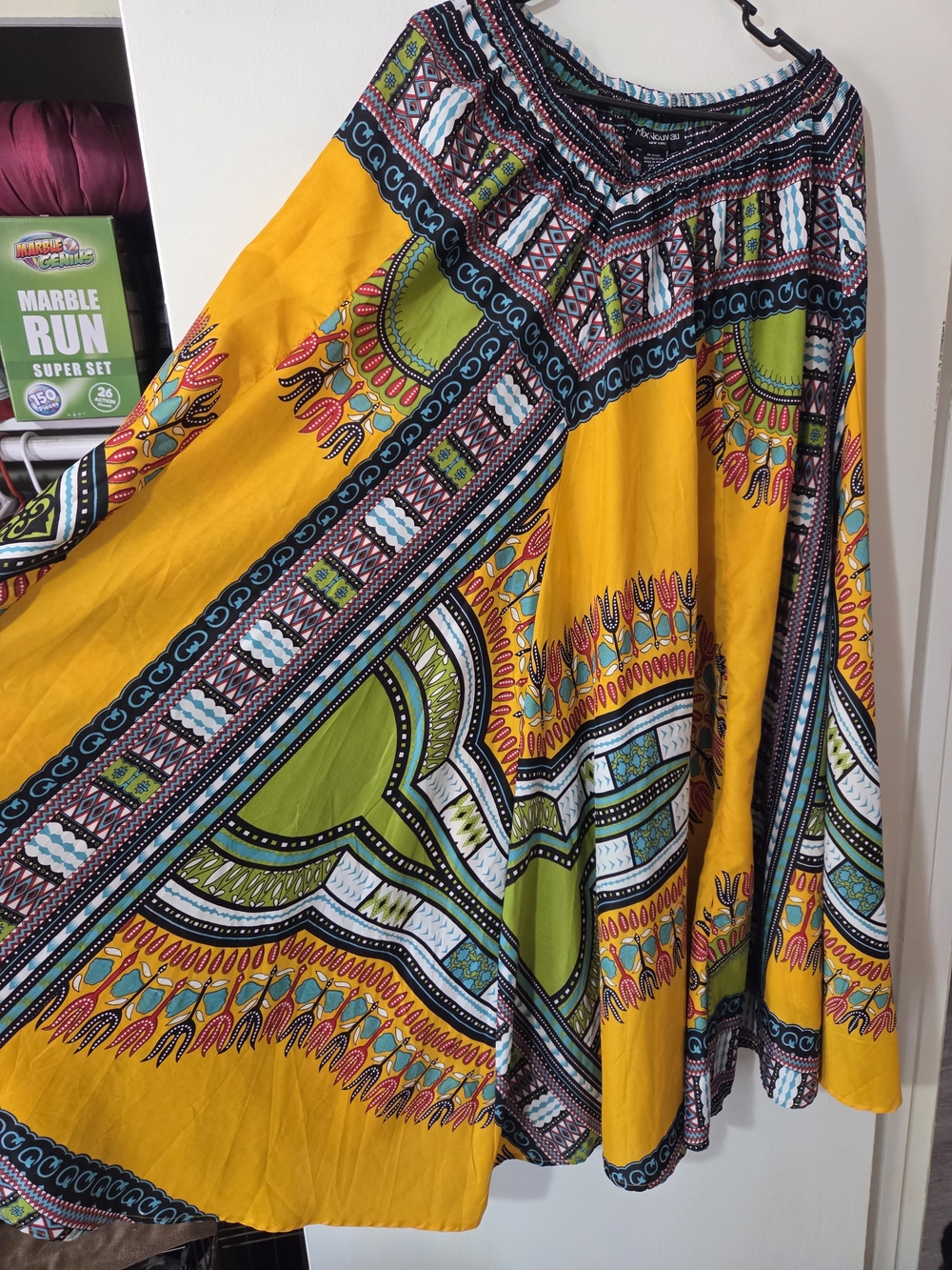 Vibrant And Colorful Mix Nouveau Dashiki Printed Maxi Skirt with Green Accents